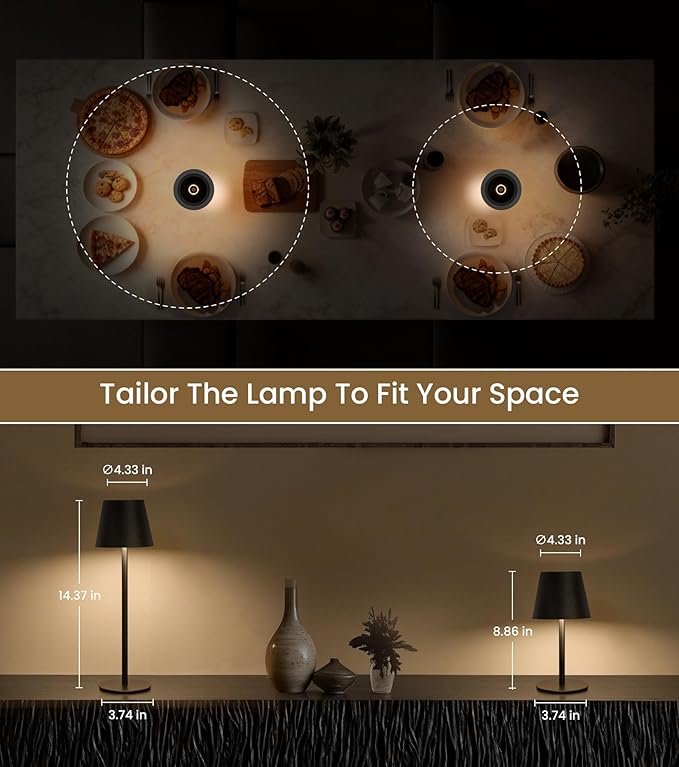 3 Pack Cordless Table Lamp, Portable Battery Operated Lamp with 3 Color Temps and Stepless Dimming, Rechargeable Table Lamp for Dinner, Desk, Cafe, Outdoor (Black)