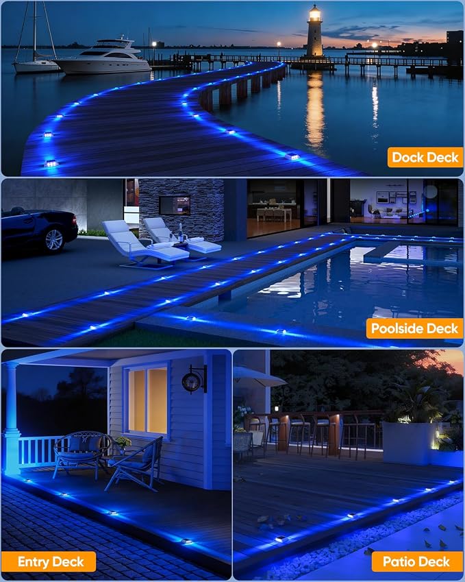 DetarZinLED Solar Driveway Lights Outdoor, 4 Pack IP68 Waterproof Dock Deck Lights Solar Powered, Stick on & Screw Blue Markers Light for Pathway, Walkway, Sidewalk, Patio, Pool Deck, Garage Entrance