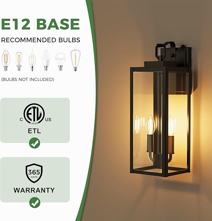 DORESshop 18 Inch Dusk to Dawn Outdoor Wall Lights, 2-Light Black Outdoor Wall Sconce Lantern with Clear Glass Shade, Tall Transitional Exterior Light Fixtures for Porch, Garage, ETL Listed, 2 Pack