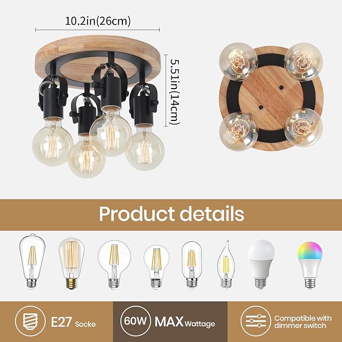 SEEBLEN 4-Light Round Flush Mount Ceiling Light，Adjustable Farmhouse Kitchen Track Light with Wood Base, Multi-Directional Dining Room Light for Island Hallway Entryway Bedroom.
