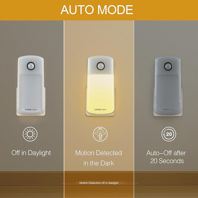 Night Light Plug into Wall with Motion Sensor, Auto On/Off, Portable with 3 Adjustable Modes, Nightlight for Kids, Nursery, Bedroom, Bathroom and Hallway (2 Pack)