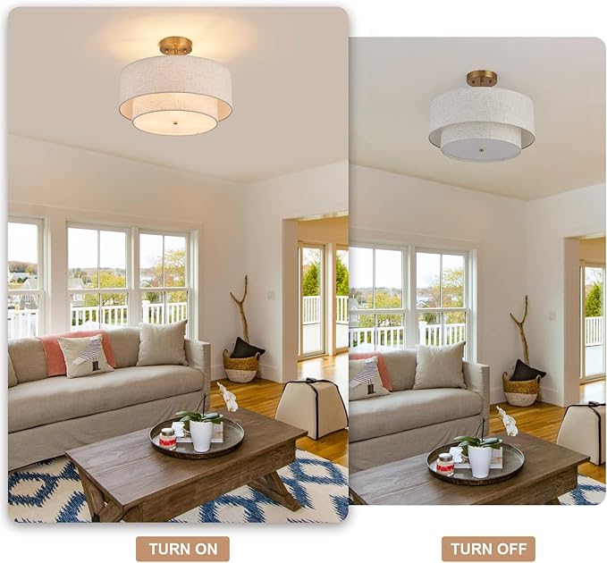 Flush Mount Ceiling Lights 16 Inch Fabric Semi Light Fixtures 3-Light Modern Drum Ceiling Light for Dining Room Kitchen Bedroom Foyer Hallway Entryway