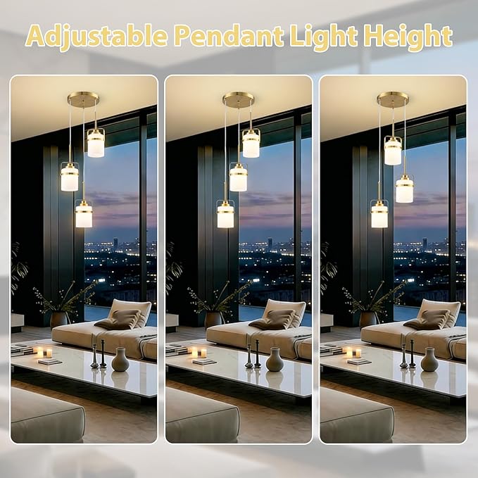 Brass 3-Light Pendant Lighting, Adjustable Cluster Hanging Light Fixture with Milk Glass Shade, Modern Pendant Light for Kitchen Island Dining Room Bar
