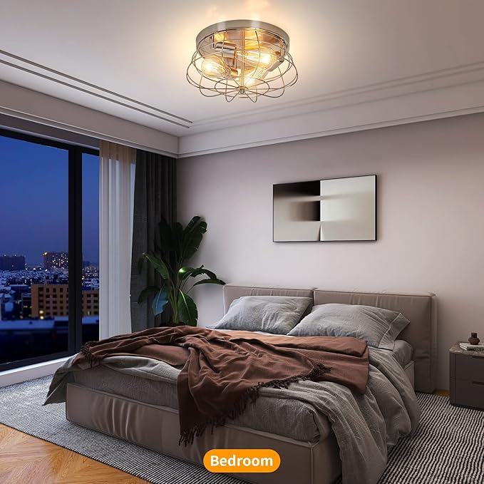 Flush Mount Ceiling Light Brushed Nickel Ceiling Light Fixture 3-Light Modern Flush Mount Ceiling Light Metal Cage Kitchen Ceiling Light Fixtures for Bedroom, Living Room, Hallway Foyer