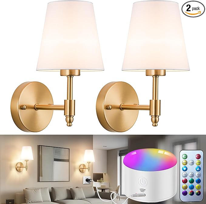 YHCDLAMP Battery Operated Wall Sconces Set of Two, Rechargeable Wireless Wall Lights with 10000mAh RGB Dimmable Detachable Bulb, Battery Sconces Wall Decor with Remote for Bedroom Living Room Hallway