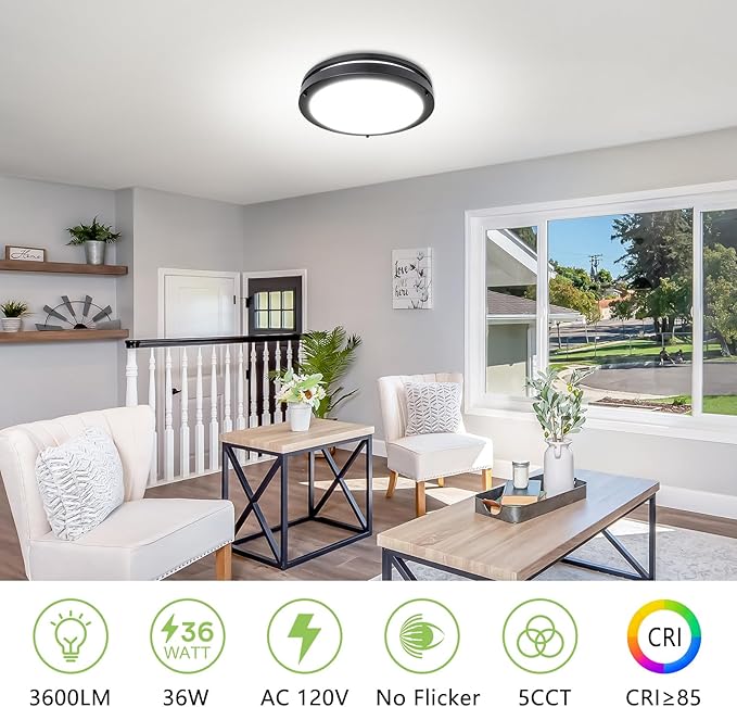 Flush Mount Ceiling Light - 4 Pack 36W 3000K/3500K/4000K/5000K/6000K Dimmable Led Ceiling Light Fixture for Kitchen Hallway Bedroom Bathroom (4, Black, 13 Inch)