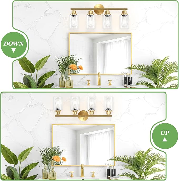 4-Light Gold Bathroom Light Fixtures, E26 Modern Vanity Lights for Bathroom with Clear Glass Shade, Wall Lamps for Mirror Hallway Kitchen Cabinet Living Room Sconces Lights