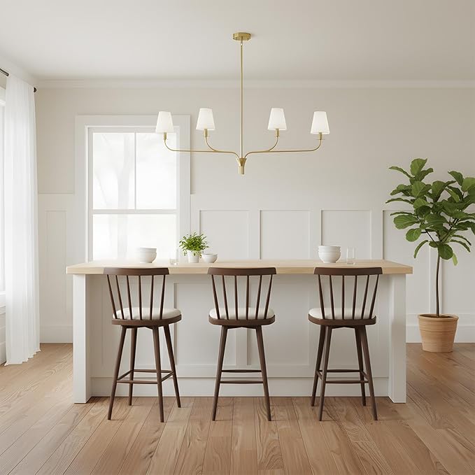 Modern 42" Linear Chandelier for Kitchen Island & Dining Room - 4-Light Gold Finish with White Fabric Shades, Adjustable Hanging Pendant Light Fixture, E12