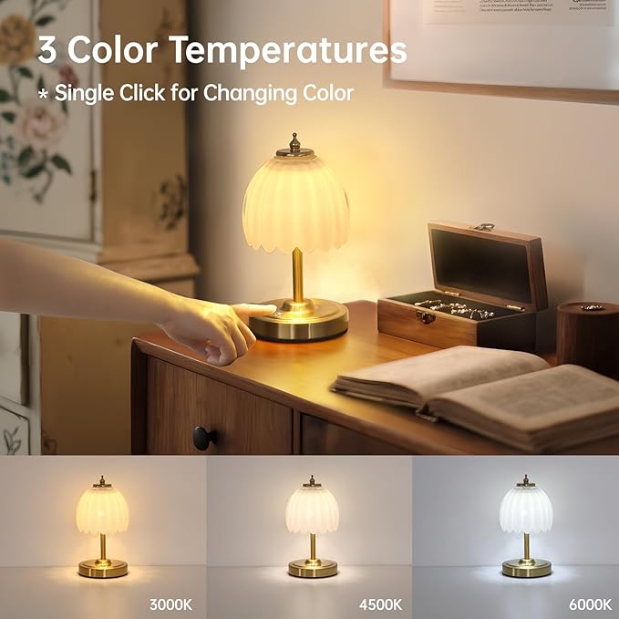 Shenmoyl Tulip Small Table Lamp, 5200mAh Cordless Touch Control Mini Table Lamp with 3 Color Temps & Stepless Dimming, Perfect for Small Spaces Like Dressers, Bedsides, Bookshelves (White Tulip)