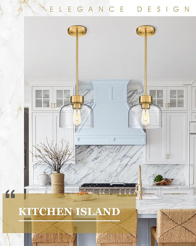 2-Pack Pendant Lights Kitchen Island, 8" Brushed Gold Hanging Light Fixtures with Clear Glass Shade, Modern Brass Kitchen Pendant Lighting Over Island for Dining Room, AD-24024-1P2L-GD