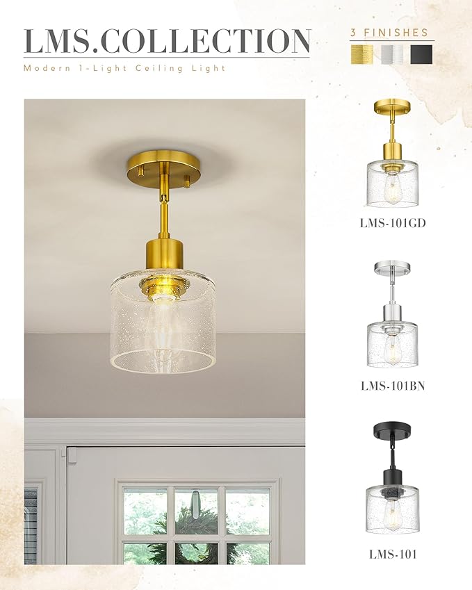 LMS Modern 1-Light Semi Flush Mount Ceiling Light, Brushed Gold Close to Ceiling Light with Seeded Glass Shade, Farmhouse Lighting for Hallway Corridor Kitchen, LMS-101GD