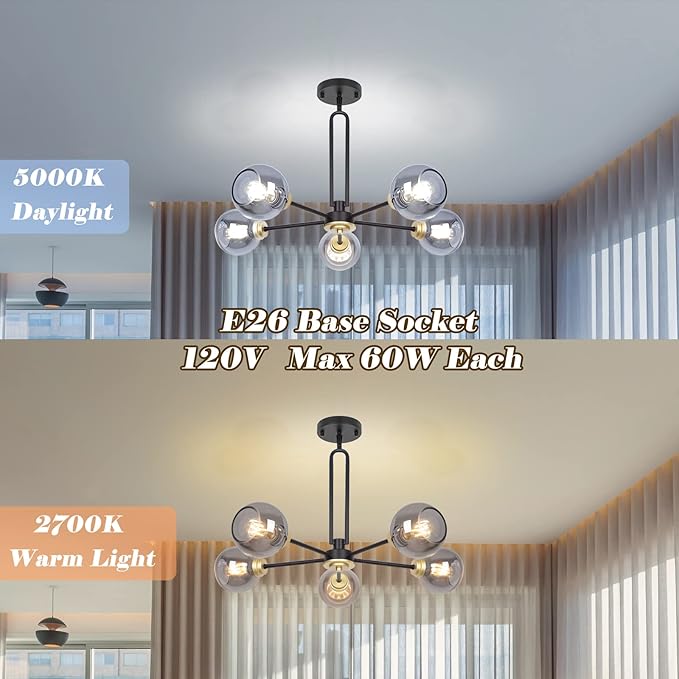 5-Light Globe Chandelier Pendant Lighting - Modern Large Semi-Flush Ceiling Light Fixture with Smoked Glass, Black Dining Room Light Fixture, Sputnik Light Fixture for Kitchen Living Room Bedroom