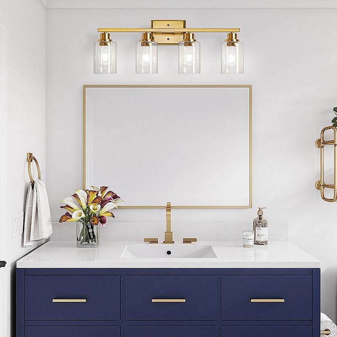 Unicozin Modern Bathroom Light Fixtures, 4 Light Vanity Lights Over Mirror, Gold Wall Lamp with Clear Glass for Living Room Cabinet Bedroom Porch Powder Room
