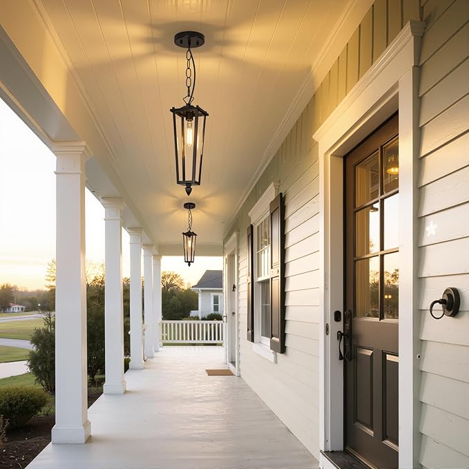 Outdoor Pendant Lights for Porch, 16" Black Outdoor Pendant Light with Clear Glass, Modern Hanging Porch Lighting Fixtures with Adjustable Chain for Gazebo Foyer, OS-OD2615-1HM