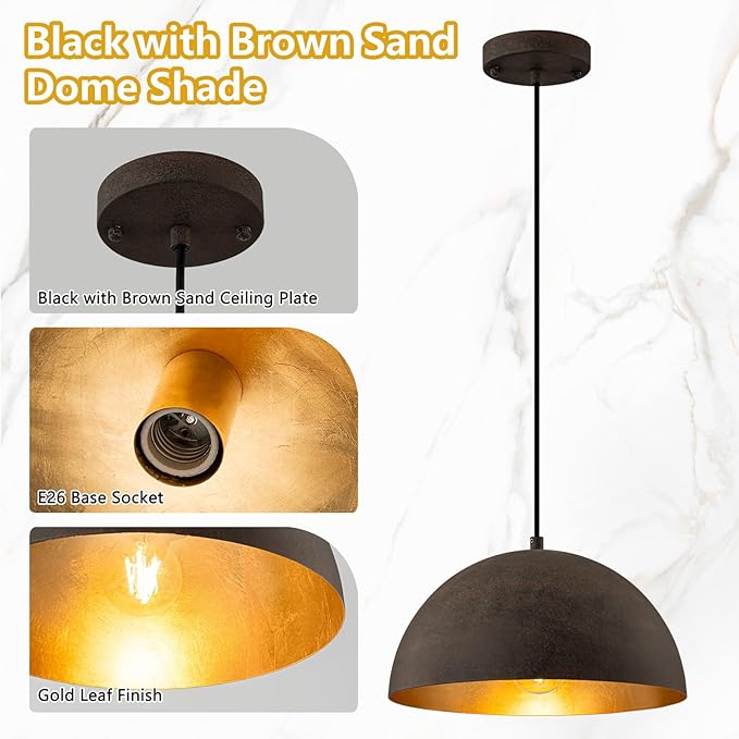 Farmhouse Pendant Light,11.8" Black with Brown Grain Industrial Dome Chandelier 2 Pack,Adjustable Vintage Pendant Lights Kitchen Island for Dining Room,Bedroom,Hallway