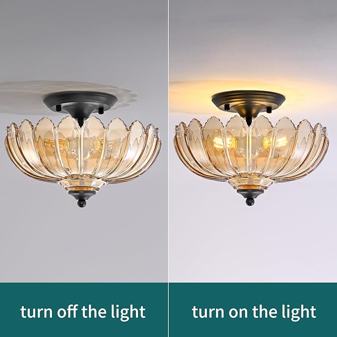Amber Glass Ceiling Light Fixture - Handcrafted Art Glass Semi Flush Mount with 3 E26 Bulb Sockets, Warm Amber Shade Lighting for Living Room Dining Room Hallway, Vintage Indoor Chandelier