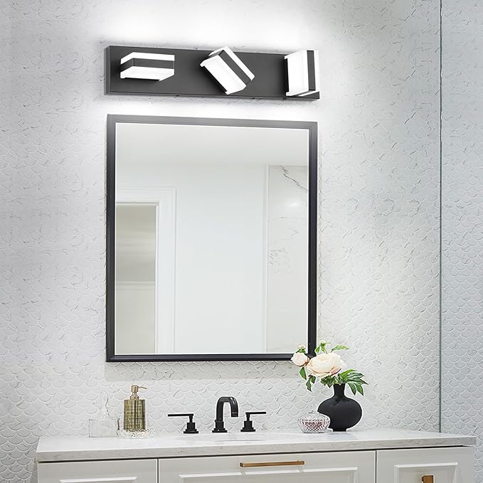 SOLFART Vanity Lights for Bathroom, Black 3 Light Bathroom Light Fixtures Modern Black LED Vanity Light Cool Light 6000K