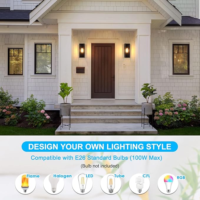 2-Pack Outdoor Wall Lanterns, Exterior Waterproof Outdoor Lights with Glass Shades, Bronze Porch Lights Wall Mounted, Anti-Rust E26 Modern Lighting Fixtures for Patio Garage Entryway Front Door