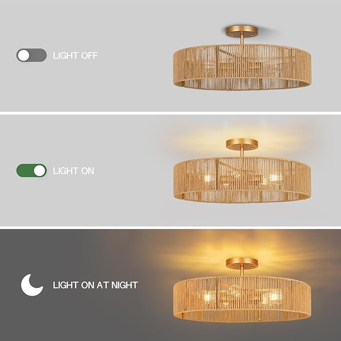 24" Natural Rattan Flush Mount Ceiling Light Fixture, 5-Light Gold Hand-Woven Wicker Boho Chandelier for Bedroom, Living Room, Dining Room, Kitchen, Rustic Lamp for Hallway and Entryway