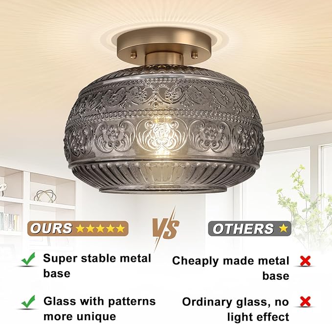Semi Flush Mount Ceiling Light Fixture, 11" Vintage Gold Hallway Lights Fixture Ceiling with Grey Glass for Kitchen, Hallway, Bathroom and Entry Way,Compatible with E26 Light Bulb