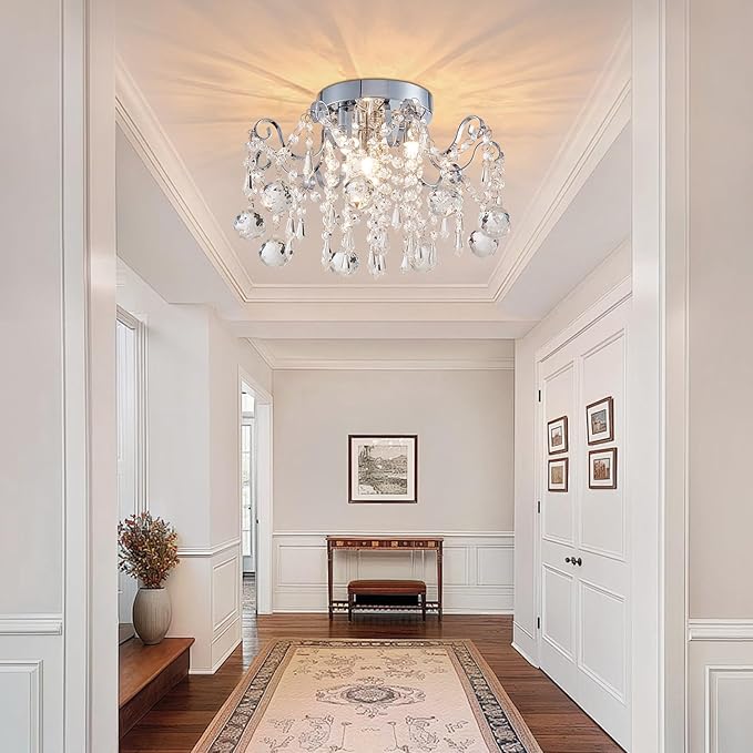 Rain Drop Crystal Small Crystal Chandelier Ceiling Light 3-Light Fixture Modern Chrome Iron Material Suitable for Bedrooms, Hallways, Walk-in Closets, Entryways, Stairwells (Chrome)