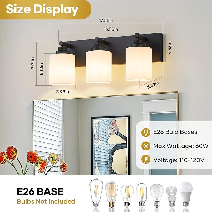 Bathroom Vanity Light Fixture, 3-Light Matte Black Bathroom Light Fixtures Over Mirror with Milky White Glass Shades, Modern Vanity Lights for Bathroom Living Room Hallway (Bulbs Not Included)