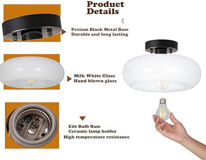 Semi Flush Mount Ceiling Light,11inch Mid-Century Modern Light Fixture,Black Hallway Light Fixtures with White Milk Glass Shade,Vintage Lighting fixtures for entryway,Bedroom,Kitchen,Porch