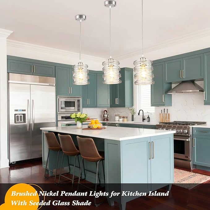 Brushed Nickel Pendant Light for Kitchen Island, Spiral Iron Pendant Light Fixtures with Seeded Glass Shade, Adjustable Height Hanging Pendant Lighting for Dining Room Hallway Kitchen Foyer