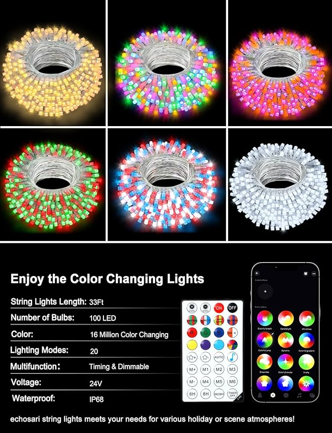 echosari Christmas String Lights, 100 LED Smart String Lights 33Ft Millions Color Changing with App, Music Sync for Yard Garden Xmas Trees Decor (Clear Cable)