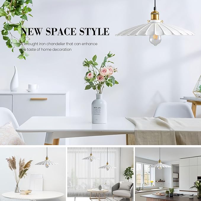 Pendant Lights, 13.8 Inch Glossy White Lampshade Kitchen Pendant Lights Height Adjustable Island Pendant Lights for Kitchen Industrial Style Hanging Light for Bedroom