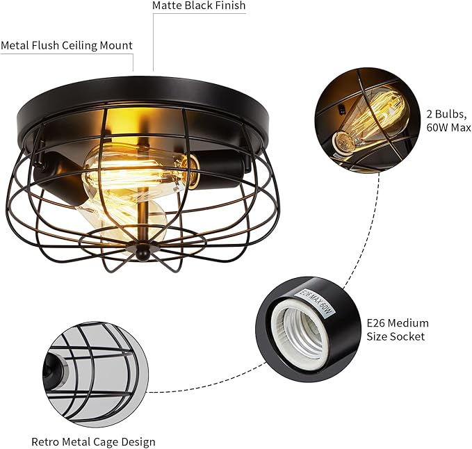 Industrial Black Flush Mount Ceiling Light 2-Light Farmhouse Fixtures Metal Cage Ceiling Lighting for Hallway, Kitchen, Foyer Bedroom Living Room Laundry
