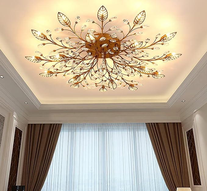Modern Crystal Ceiling Light Fixture,Gold Semi Flush Mount Chandeliers,Crystal Leaf Ceiling Lighting,Pendent Lamp for Dining Room,Living Room,Bedroom