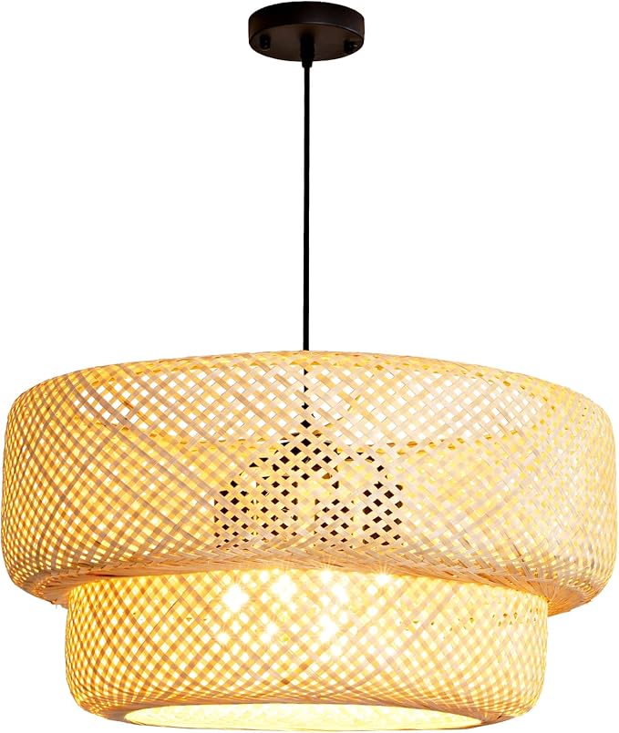 23.62" Bamboo Pendant Light,Boho Rattan Hanging Light,Hand Woven Wicker Chandelier for Kitchen Island for Kitchen Island Dining Bedroom Living Room Restaurants