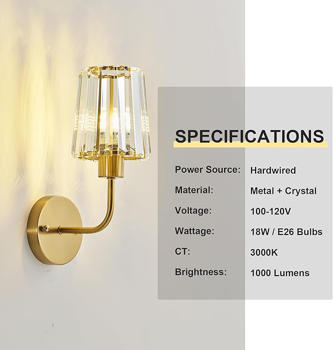 KARTOOSH Hardwired Crystal Wall Sconces Set of Two - Dimmable Wall Light Fixtures 3000K, Warm White, for Hallway, Bathroom, Living Room, Bedroom, Brass, 13 Inch