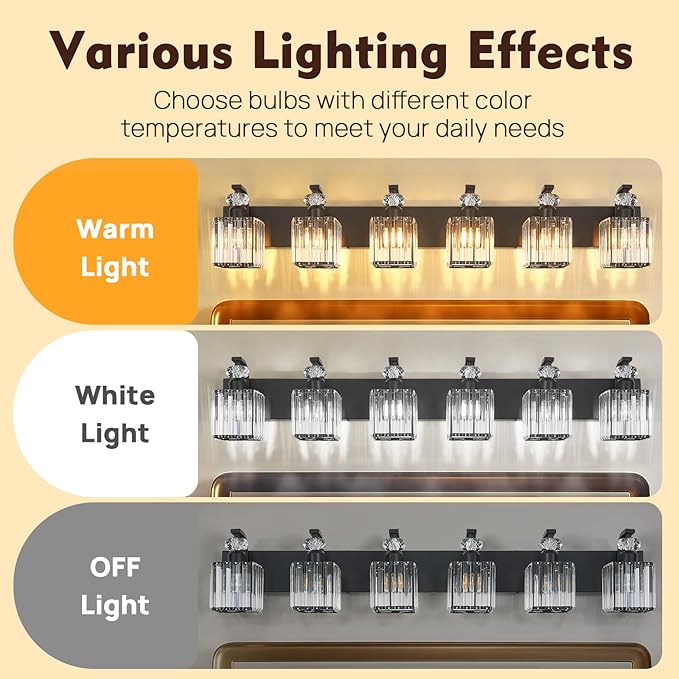 Modern Bathroom Vanity Light, 6-Light Black Bathroom Lighting Fixtures Over Mirror, 44.1" Crystal Wall Light Sconce for Bathroom/Bedroom/Vanity, Includes LED Bulbs, Easy Installation