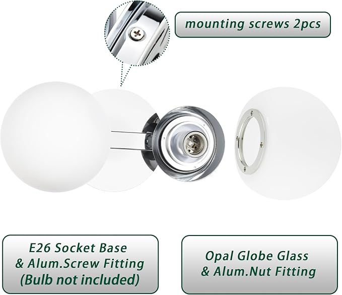 Bathroom Vanity Light Fixtures, Modern 2 Lights Globe Wall Sconce Lighting Chrome, Porch Wall Mount Light Fixture for Bathroom, Mirror Cabinets Hallway Stairs