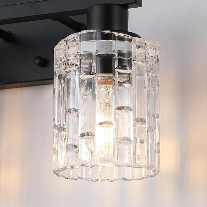 3 Light Matte Black Bathroom Vanity Light Over Mirror, Modern Vanity Lighting with Crystal Glass Shade, Wall Mount Bathroom Light Fixtures, E26 Base