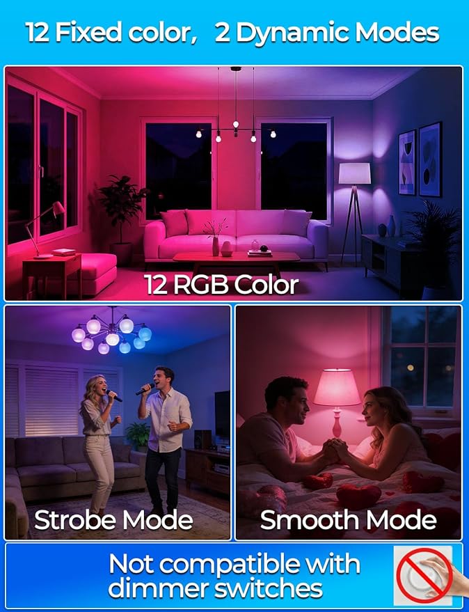 ILC RGB LED Light Bulb, Color Changing Light Bulb, 40W Equivalent, 450LM, 2700K Warm White 5W E26 Screw Base RGBW, A15 Color Lights Bulb - 12 Color Choices - Timing Infrared Remote Control (4 Pack)