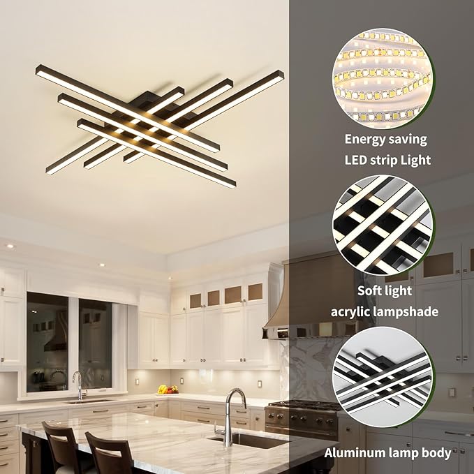 Modern LED Ceiling Lights 43.3" Black Flush Mount Ceiling Light Fixture Sputnik Dimmable Ceiling Lights with Remote Control for Bedroom Living Room Kitchen Room(6 Lights)