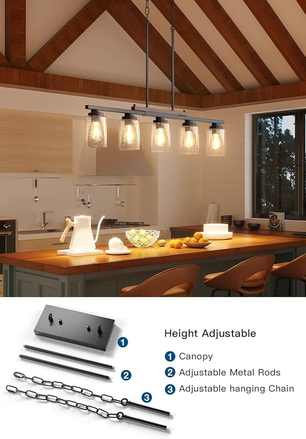 Amico Dining Room Light Fixture 5-Light Kitchen Island Lighting with Adjustable Rods, Farmhouse Decor Black Metal & Wood Chandelier with Seeded Glass Shade, Island Lights for Kitchen