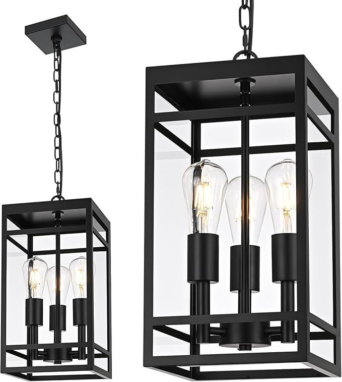 VINLUZ 3-Light Outdoor Pendant Light, 16" Matte Black Outdoor Hanging Light Fixture with Adjustable Chain, Exterior Linear Chandelier Hanging Lantern for Entryway, Patio, Garden, Front Door