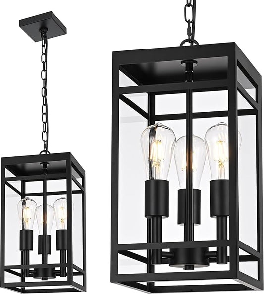 VINLUZ 3-Light Outdoor Pendant Light, 16" Matte Black Outdoor Hanging Light Fixture with Adjustable Chain, Exterior Linear Chandelier Hanging Lantern for Entryway, Patio, Garden, Front Door