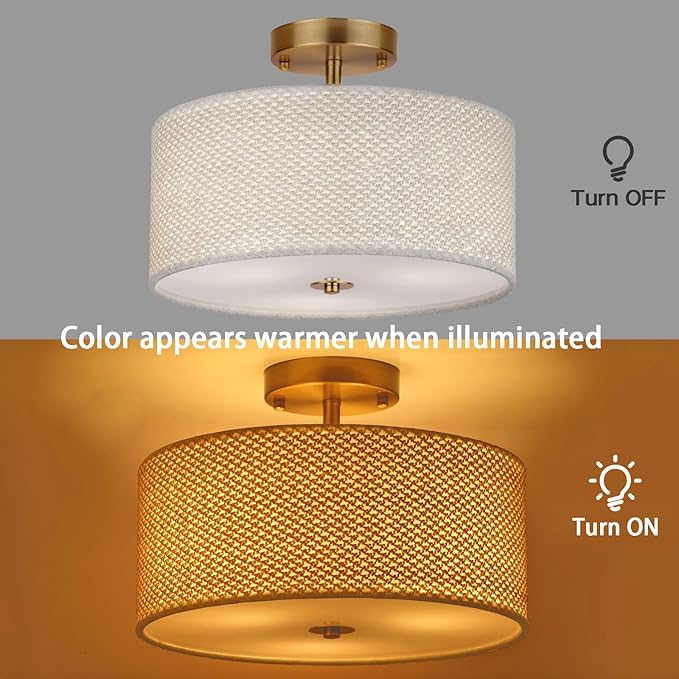 13" Boho Rattan-Style Semi Flush Mount Ceiling Light Fixture, 3-Light Modern Fabric Shade Drum Lamp, White Rustic Lighting for Bedroom, Kitchen, Dining Room, Living Room, Hallway, Entryway
