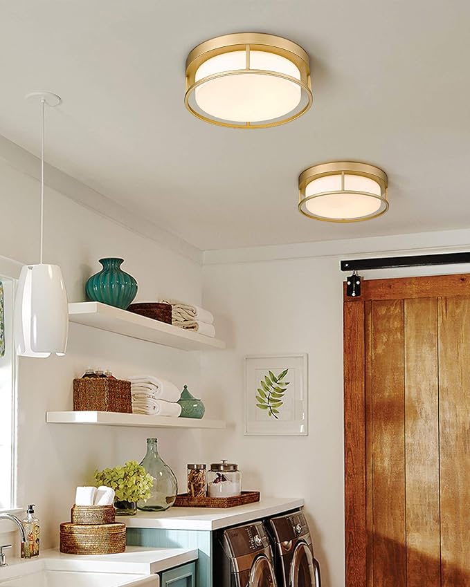 LED Ceiling Light Fixture, 12 Inch 24W 950Lumens Flush Mount Light Fixture, Dimmable 3000K, Gold Finish with Opal Frosted Glass, Round Close to Ceiling Lights for Bedroom, Kitchen