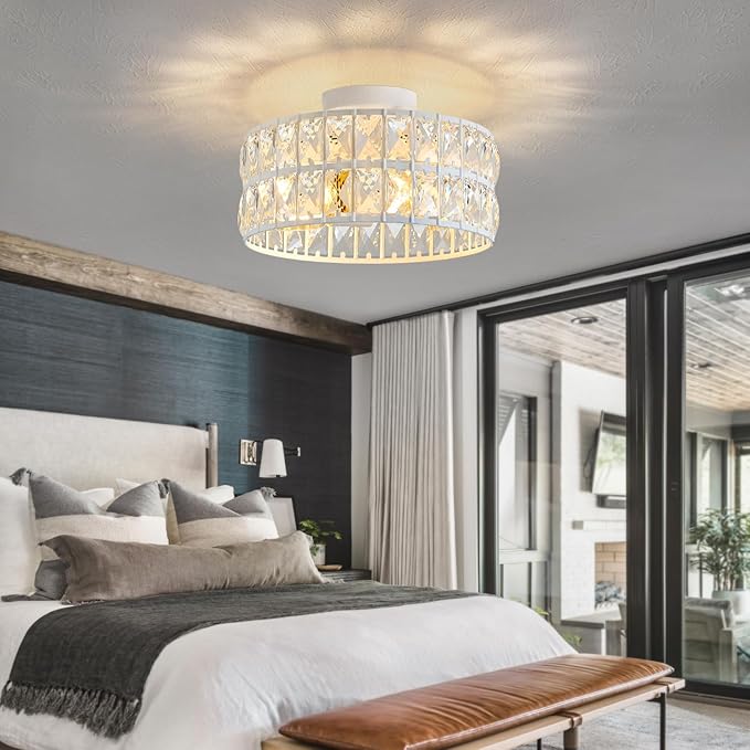 HuixuTe Modern Bedroom Light Fixtures Ceiling, 12.5" Round Drum Crystal Chandelier 3-Light, White Semi Flush Mount Ceiling Light for Dining Room Kitchen Hallway Living Room