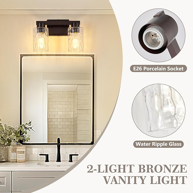 2-Light Bathroom Light Fixtures Modern Oil Rubbed Bronze Vanity Lights with Water Ripple Glass Wall Sconces Over Mirror for Bathroom, Powder Room, Living Room