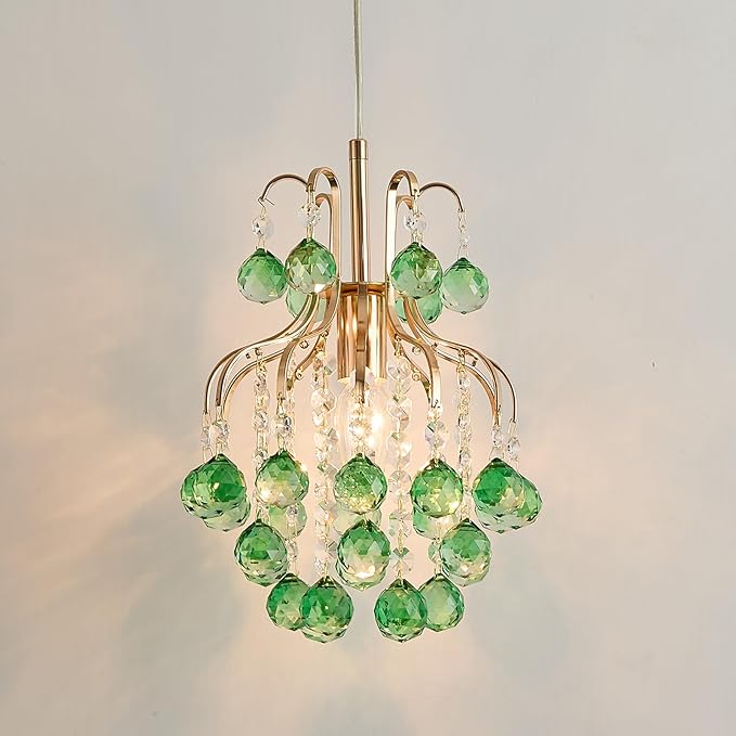 Surpars House Elegant Mini Chandelier Flush Mount Crystal Pendant Light,Golden (Green Shade)