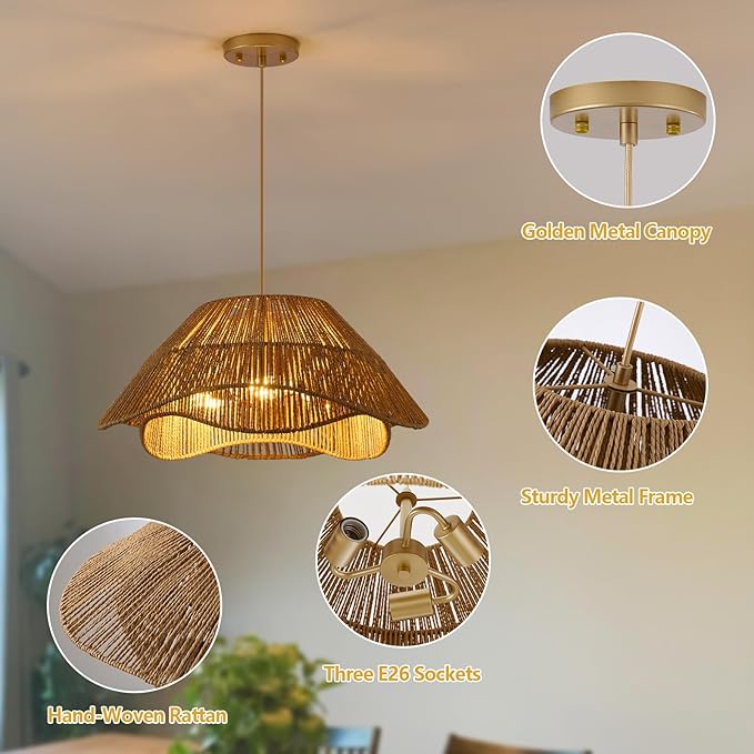19.68" Large Gold Rattan Pendant Light, 3-Light Farmhouse Chandeliers for Dining Room, Woven Wicker Flush Mount Hanging Light, Adjustable Boho Pendant Lighting for Kitchen Island Bedroom