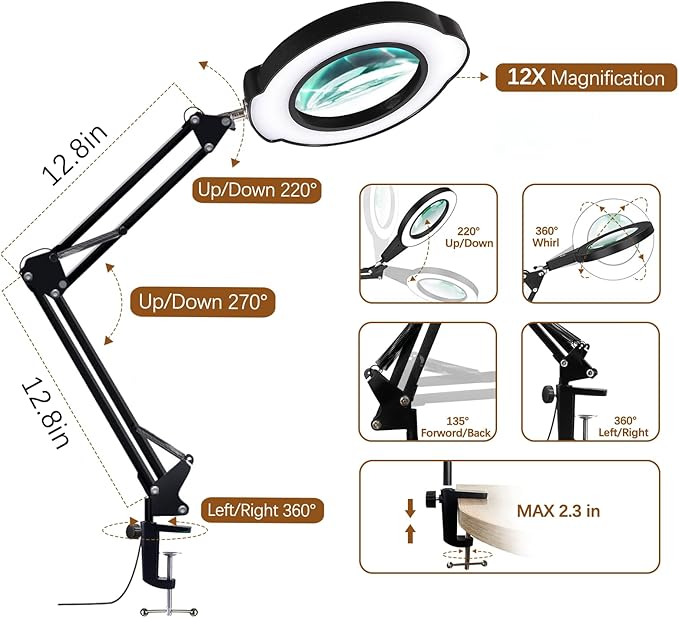 12X Magnifying Glass with Light and Clamp, Magnifier with Light Hands Free,84 LEDs Real Glass Lens Magnifying Lamp for Close Work, Repair, Reading, Craft (Black 2)
