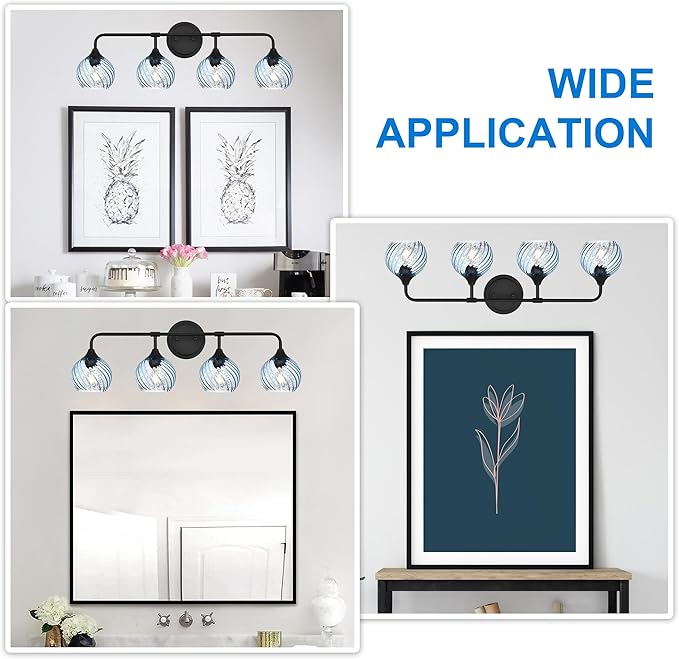MELUCEE Bathroom Light Fixtures Black Vanity Light with Blue Striped Swirl Glass Shade, 4 Light Modern Wall Light Fixtures for Mirror Kitchen Living Room Bedroom Hallway